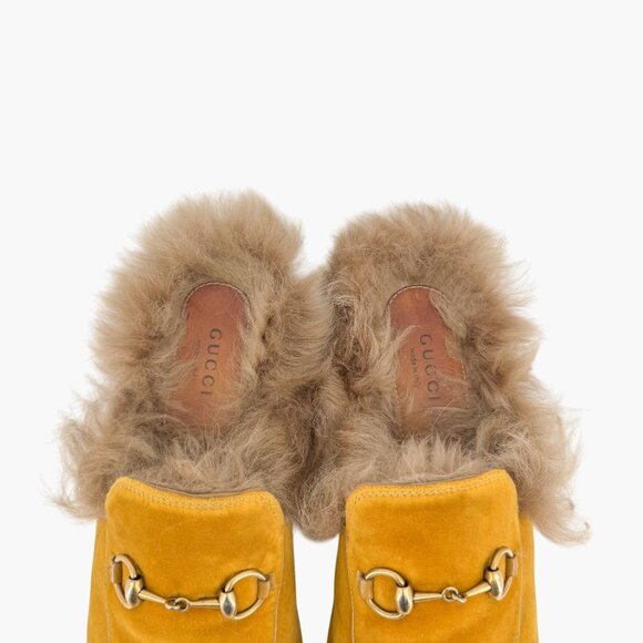 Gucci Princetown Horsebit Fur Mule EU 37 US 7 Gold Velvet Loafer Yellow Shoe - Picture 4 of 12